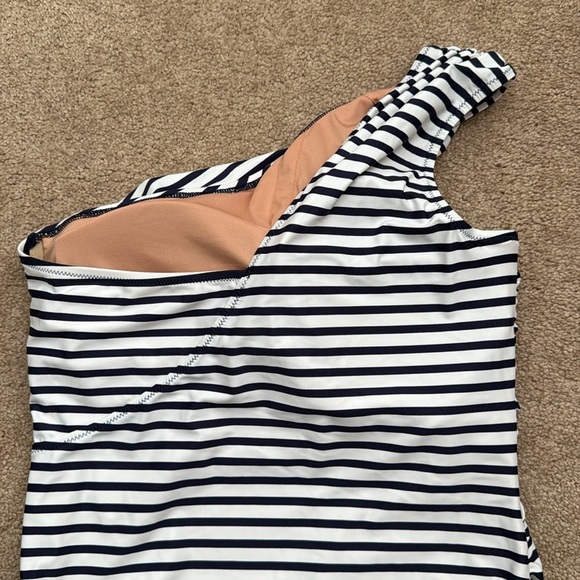 J Crew Sleek Ruched One Shoulder Dark Evening Stripe One Piece Swimsuit Size 14 - Picture 6 of 10